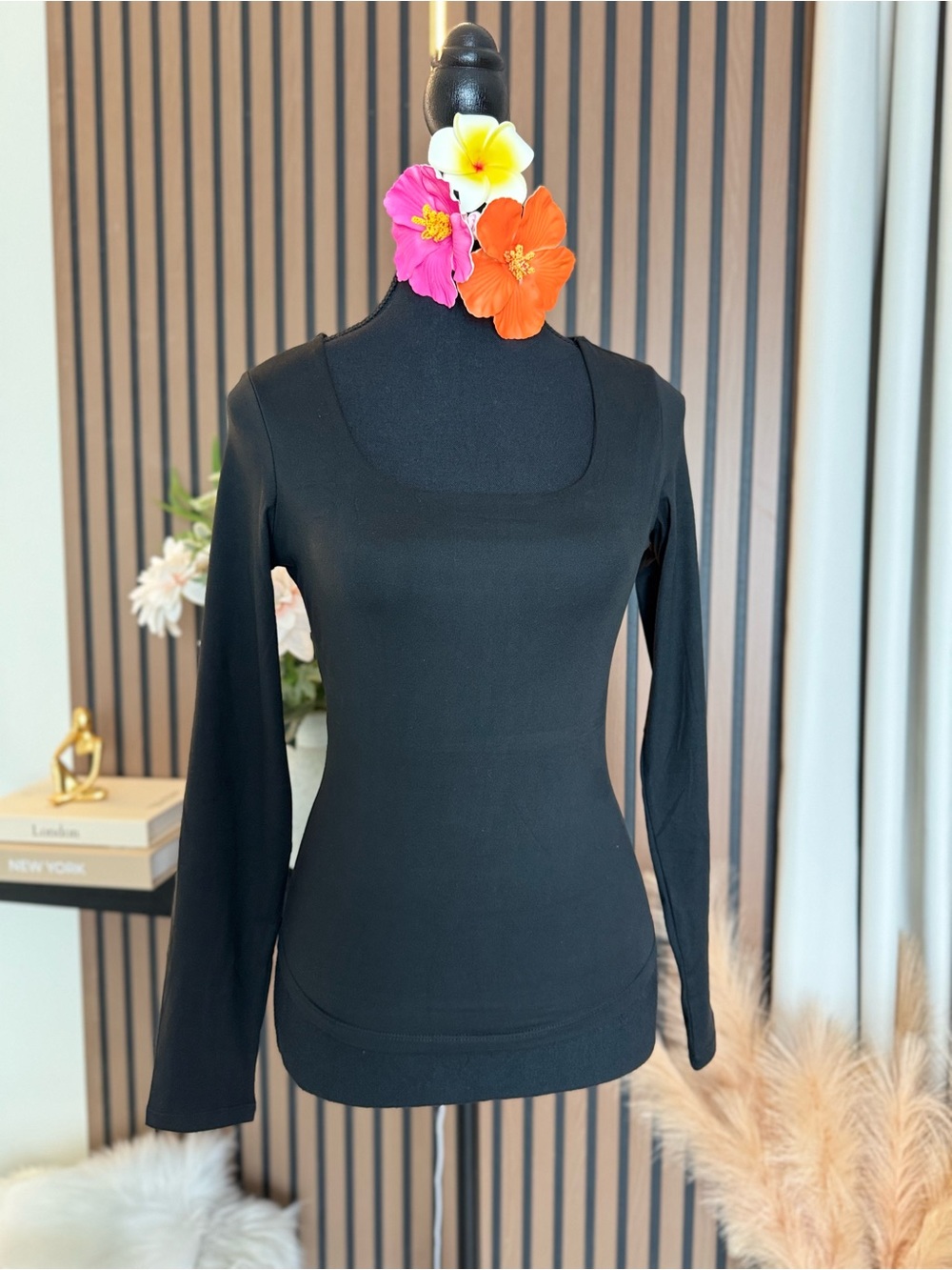 Black Long-Sleeve Scoop Neck Women's Top